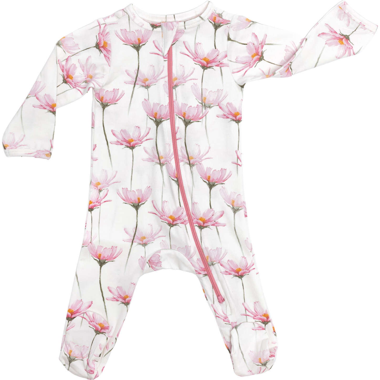Zipped Long Sleeve Footed Onesie, Pink Petals - Bodysuits - 1