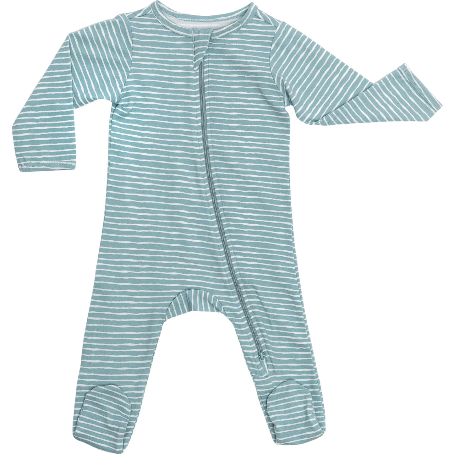 Zipped Long Sleeve Footed Onesie, Green And White Stripes - Bodysuits - 1