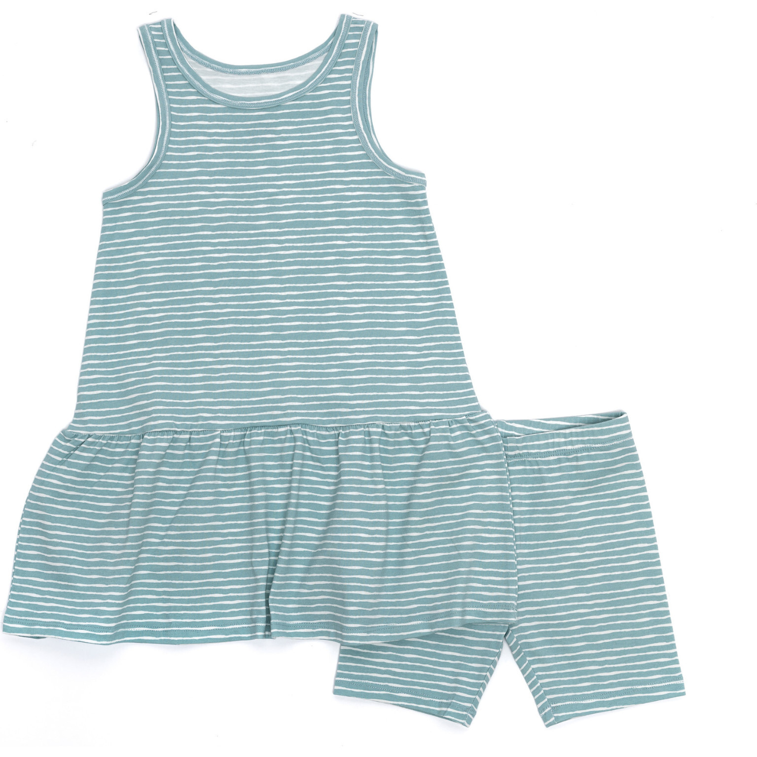 Sleeveless Drop Waist Dress With Matching Shorts, Green And White Stripes - Dresses - 1