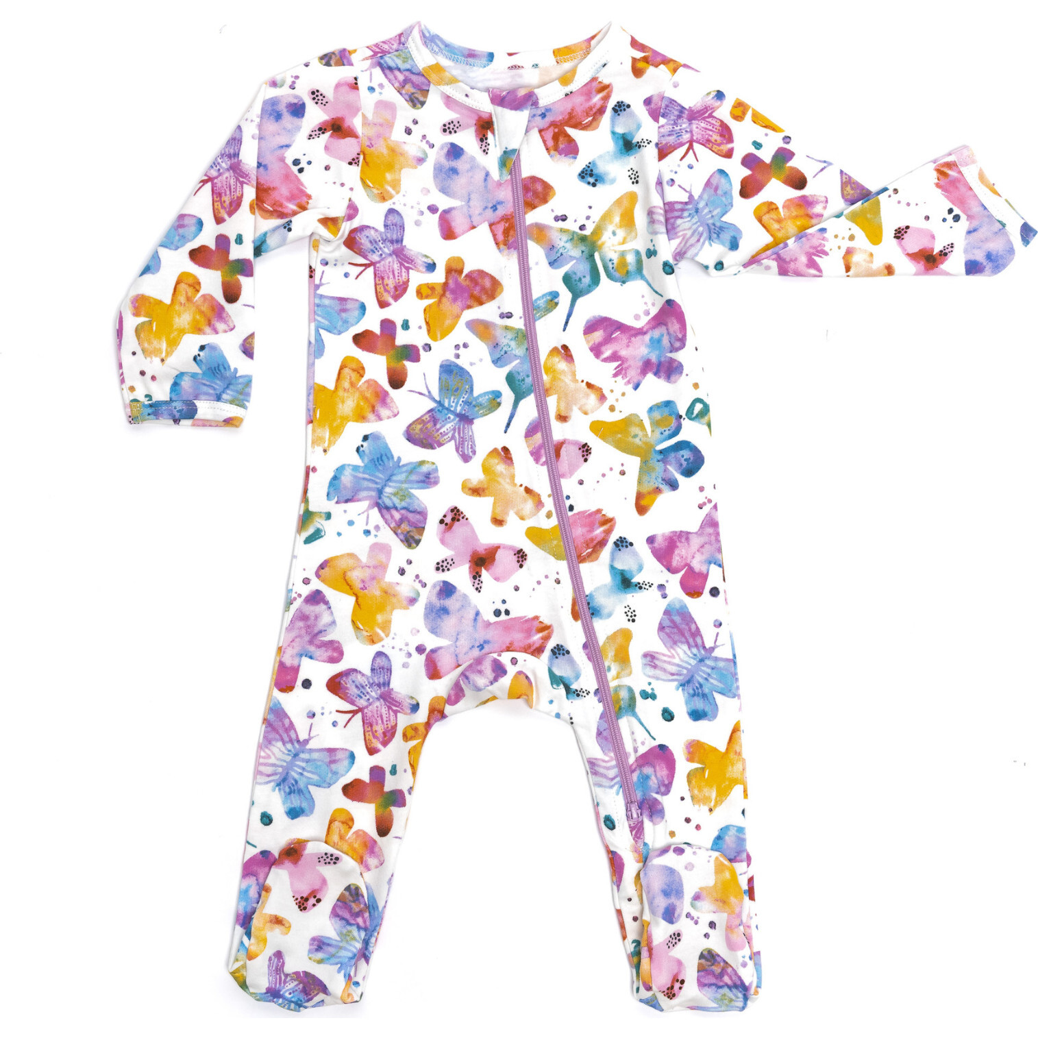 Zipped Long Sleeve Footed Onesie, Butterflies - Bodysuits - 1