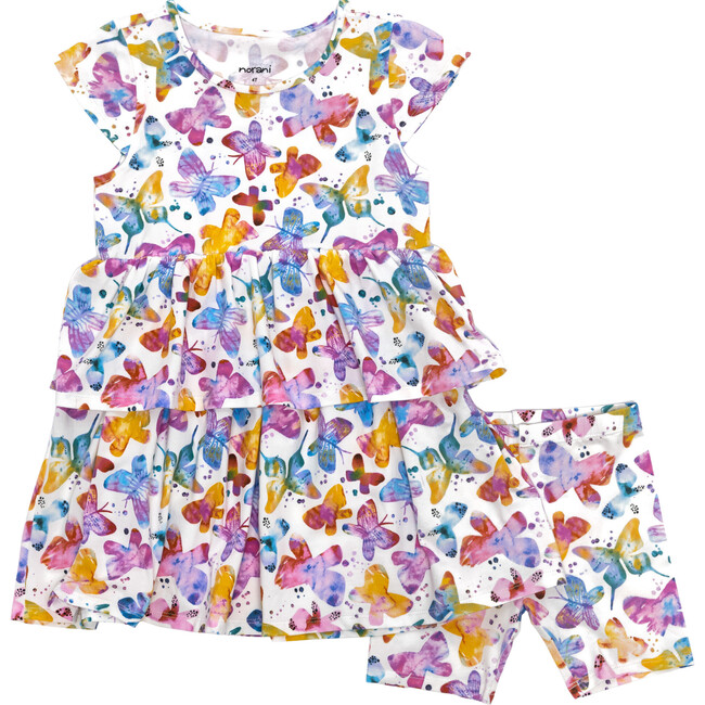 Round Neck 2-Layered Dress With Matching Shorts, Butterflies