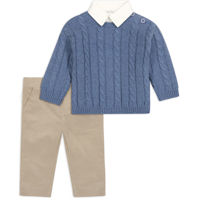 Cable Knit & Collared Sweater Top, Shirt & Pant Set, Blue