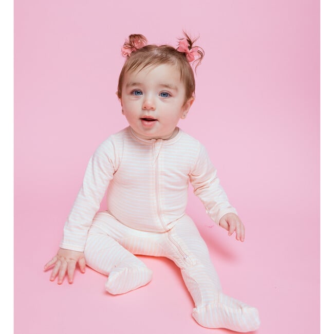 Zipped Long Sleeve Footed Onesie, Pink And White Stripes - Bodysuits - 2