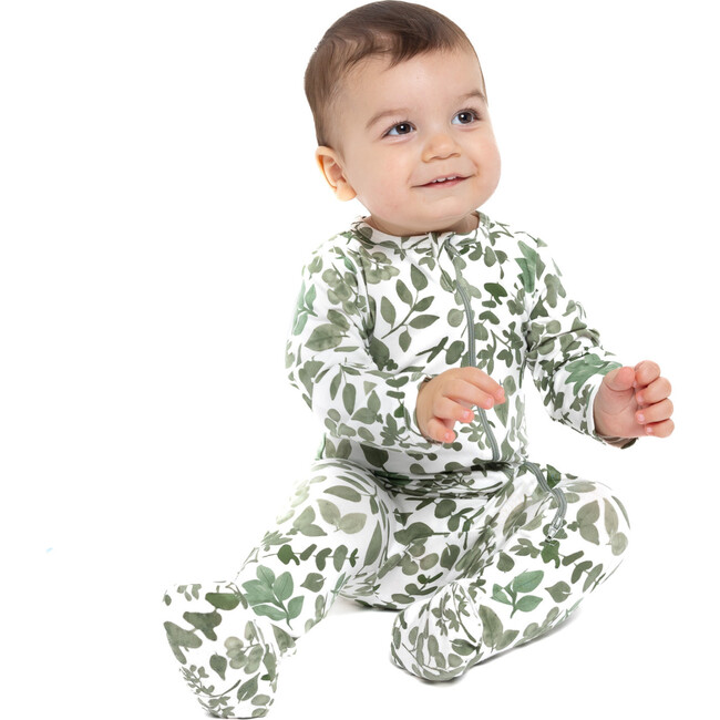 Zipped Long Sleeve Footed Onesie, Green Leaves - Bodysuits - 2