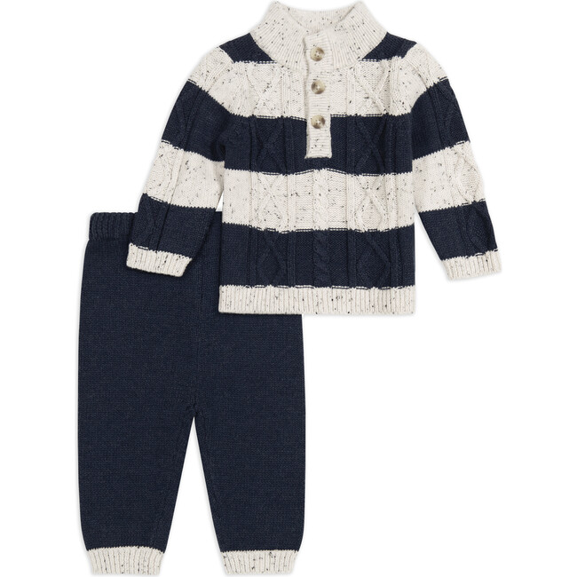 Striped Cable Knit Sweater Top & Pant Set, Navy