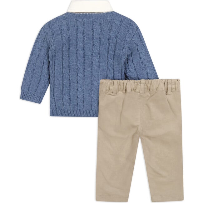 Cable Knit & Collared Sweater Top, Shirt & Pant Set, Blue - Mixed Apparel Set - 3