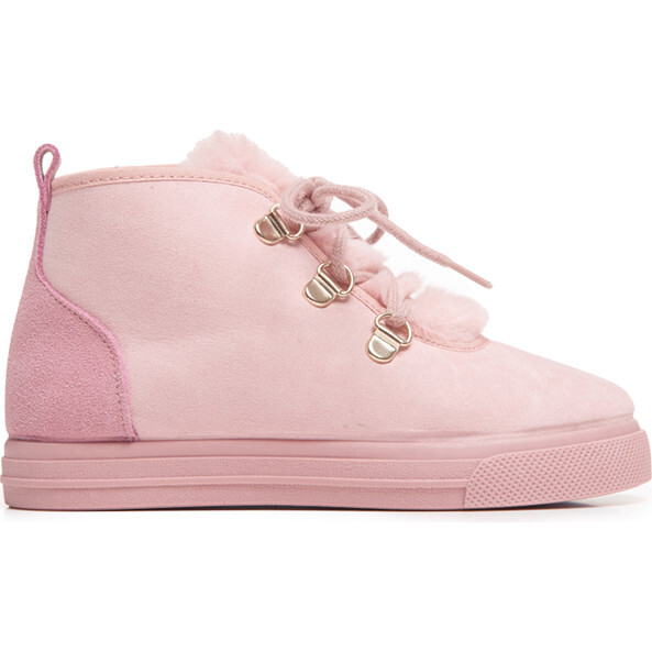 Suede Lace-Up Faux-Fur Sneaker Booties, Pink