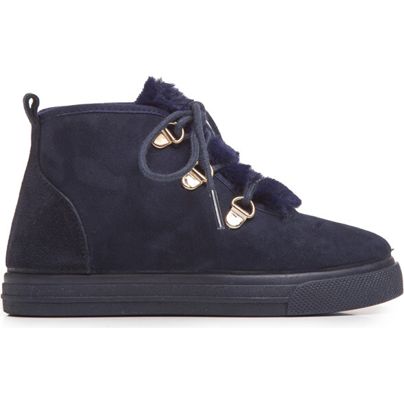 Suede Lace-Up Faux-Fur Sneaker Booties, Navy