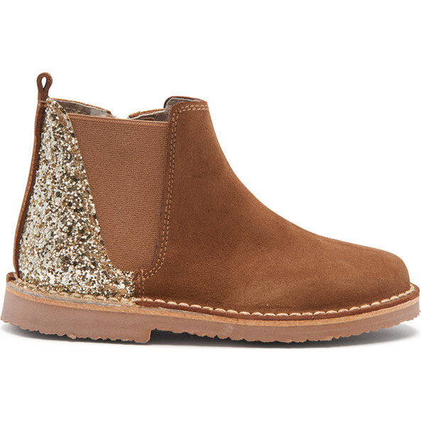 Suede With Sparkles Chelsea Boots, Camel And Gold