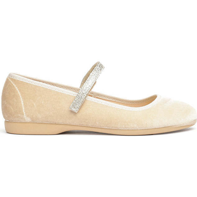 Classic Velcro Shimmer Strapped Velvet Mary Jane Shoes, Gold