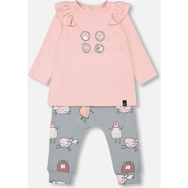 Sheep Print Top & Pant Set, Powder Pink & Blue Grey
