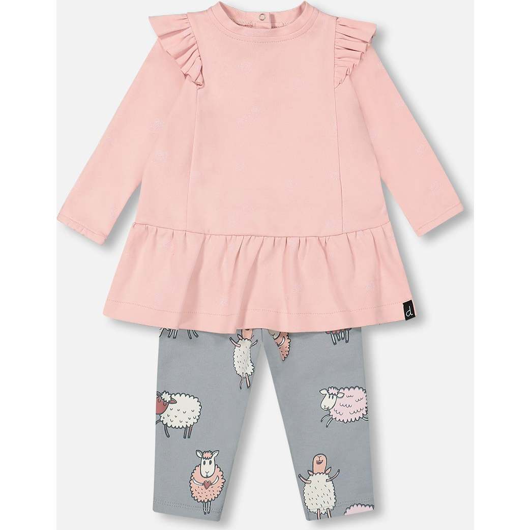 Sheep Print Long Tunic & Legging Set, Powder Pink & Blue Grey - Mixed Apparel Set - 1