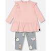 Sheep Print Long Tunic & Legging Set, Powder Pink & Blue Grey - Mixed Apparel Set - 1 - thumbnail