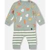 Sly Little Fox Print Top & Striped Pants Set, Sage Green - Mixed Apparel Set - 1 - thumbnail