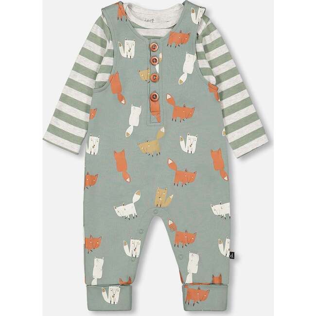 Stripe Onesie & Little Fox Print Overall Set, Sage Green - Mixed Apparel Set - 1