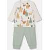 Sly Little Fox Print Top & Pants Set, Oatmeal & Sage Green - Mixed Apparel Set - 1 - thumbnail