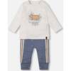 Bear Top & Little Mountain Print Pants Set, Oatmeal & French Navy - Mixed Apparel Set - 1 - thumbnail