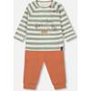 Striped Sly Little Fox Print Top & Pants Set, Sage Green & Mocha - Mixed Apparel Set - 1 - thumbnail
