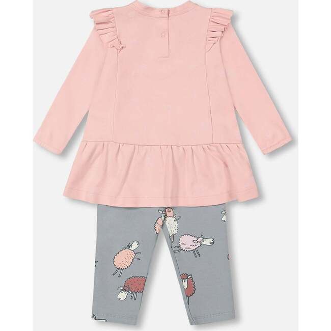 Sheep Print Long Tunic & Legging Set, Powder Pink & Blue Grey - Mixed Apparel Set - 2