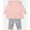 Sheep Print Long Tunic & Legging Set, Powder Pink & Blue Grey - Mixed Apparel Set - 2