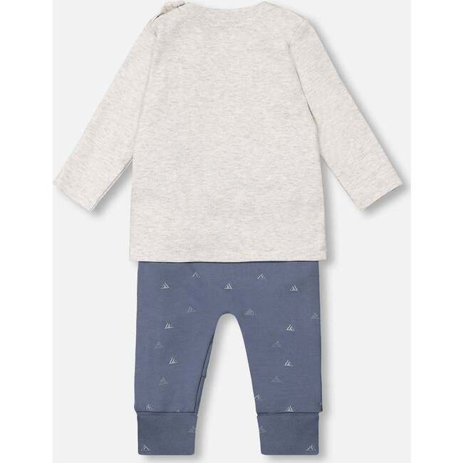 Bear Top & Little Mountain Print Pants Set, Oatmeal & French Navy - Mixed Apparel Set - 2