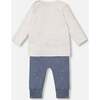 Bear Top & Little Mountain Print Pants Set, Oatmeal & French Navy - Mixed Apparel Set - 2