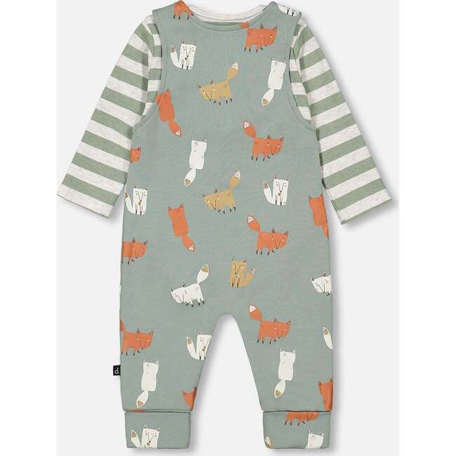 Stripe Onesie & Little Fox Print Overall Set, Sage Green - Mixed Apparel Set - 2