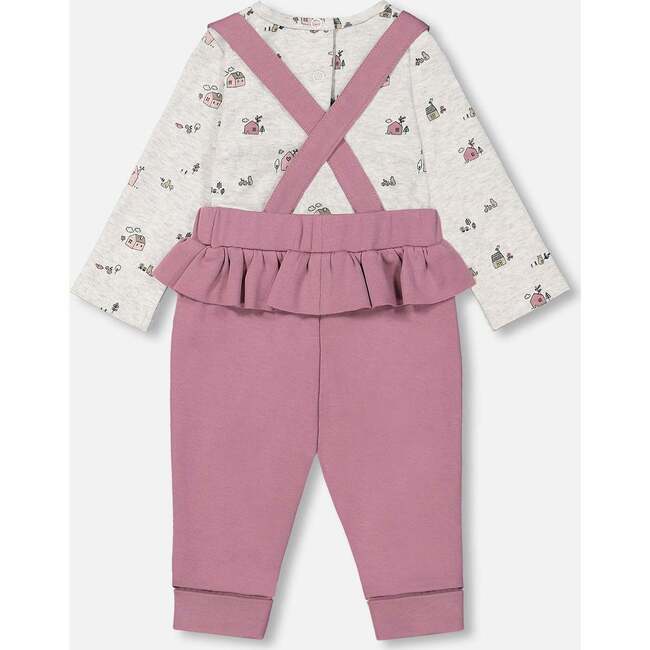 Little House Print Onesie & Suspender Pant Set, Mauve & Beige - Mixed Apparel Set - 2