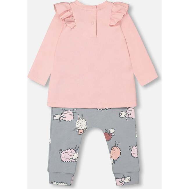 Sheep Print Top & Pant Set, Powder Pink & Blue Grey - Mixed Apparel Set - 3