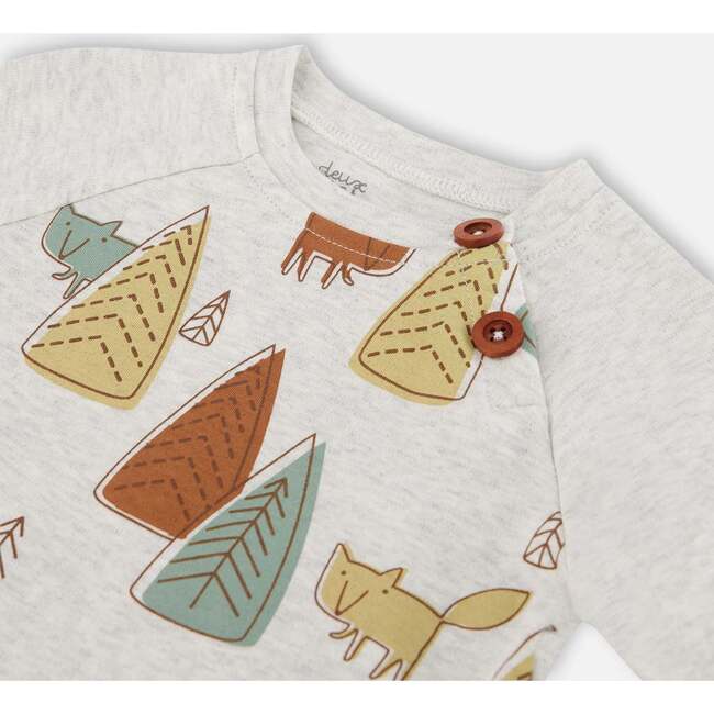 Sly Little Fox Print Top & Pants Set, Oatmeal & Sage Green - Mixed Apparel Set - 3