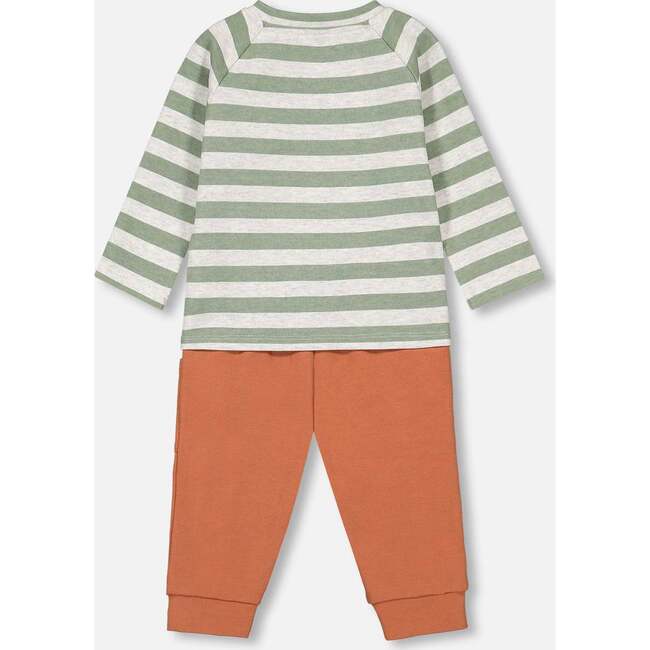 Striped Sly Little Fox Print Top & Pants Set, Sage Green & Mocha - Mixed Apparel Set - 3