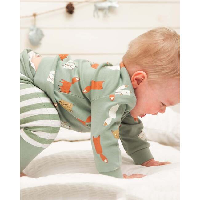 Sly Little Fox Print Top & Striped Pants Set, Sage Green - Mixed Apparel Set - 3