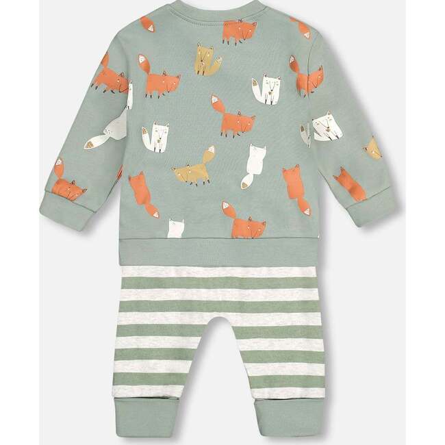 Sly Little Fox Print Top & Striped Pants Set, Sage Green - Mixed Apparel Set - 4