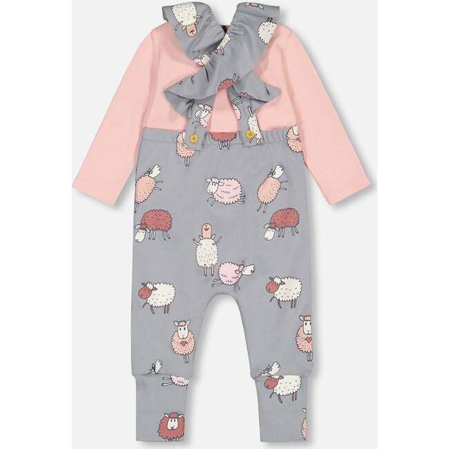 Sheep Print Onesie & Overall Set, Blue Grey & Powder Pink - Mixed Apparel Set - 4