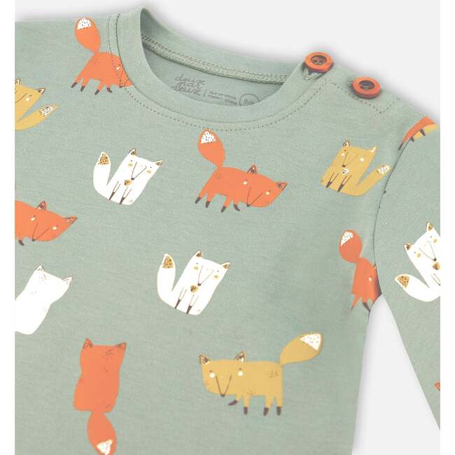 Sly Little Fox Print Top & Striped Pants Set, Sage Green - Mixed Apparel Set - 5