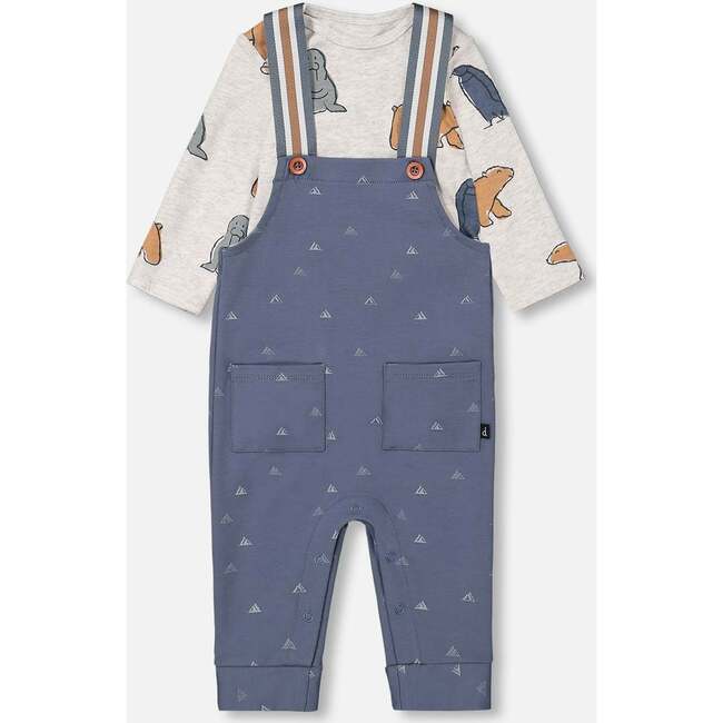 Bear Onesie & Little Mountains Print Overall Set, French Navy