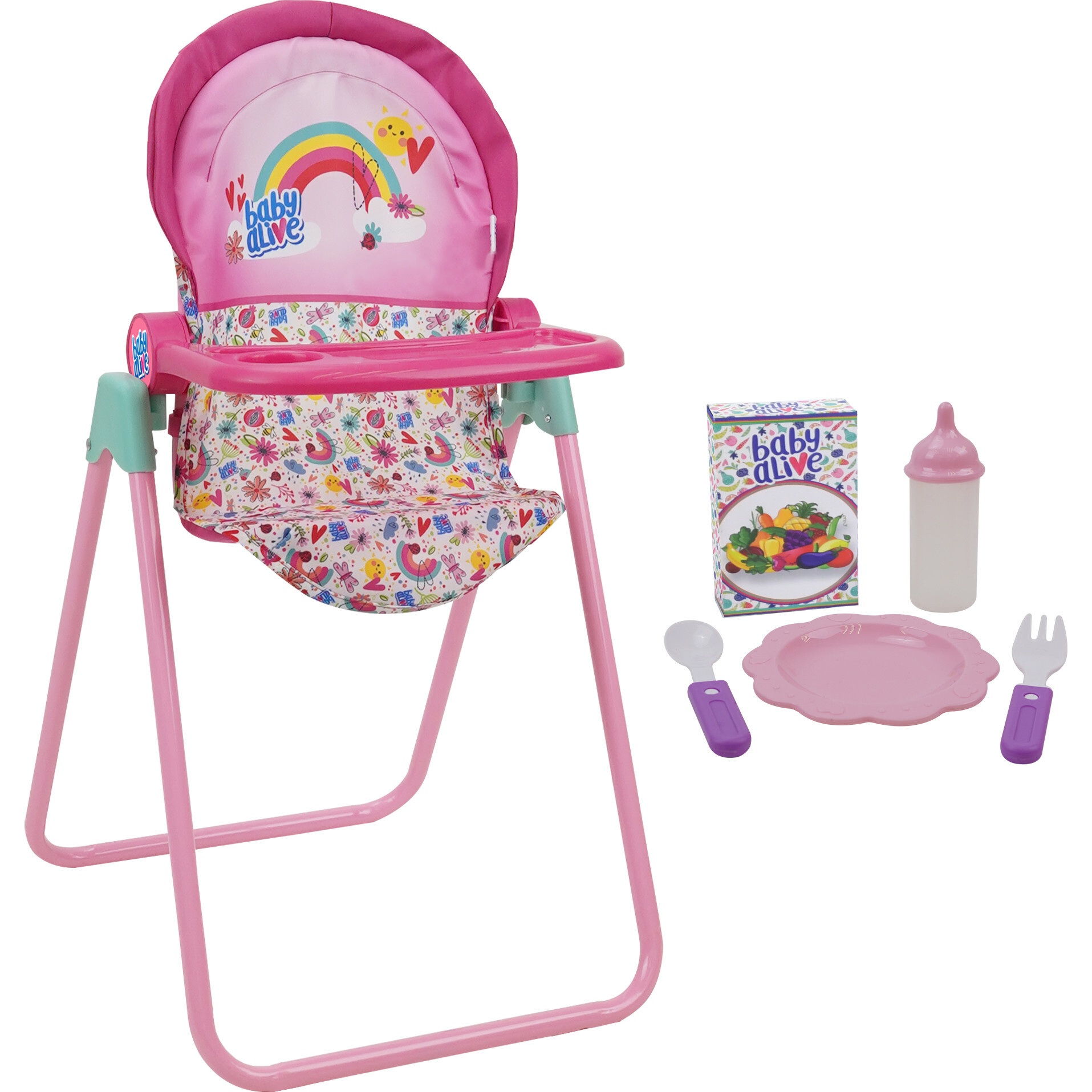 Baby Alive 6 Piece Doll Highchair Set - Pink & Rainbow - Doll Accessories - 1