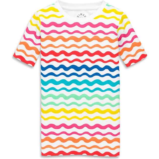 Kids Organic Short Sleeve Pj Top In Rainbow Watercolor Waves, Rainbow Watercolor Wave - Pajamas - 1