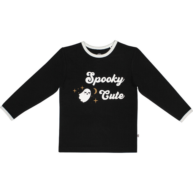 Spooky Cute Halloween Long Sleeve Bamboo Terry Ringer Kids Tee Shirt, Black