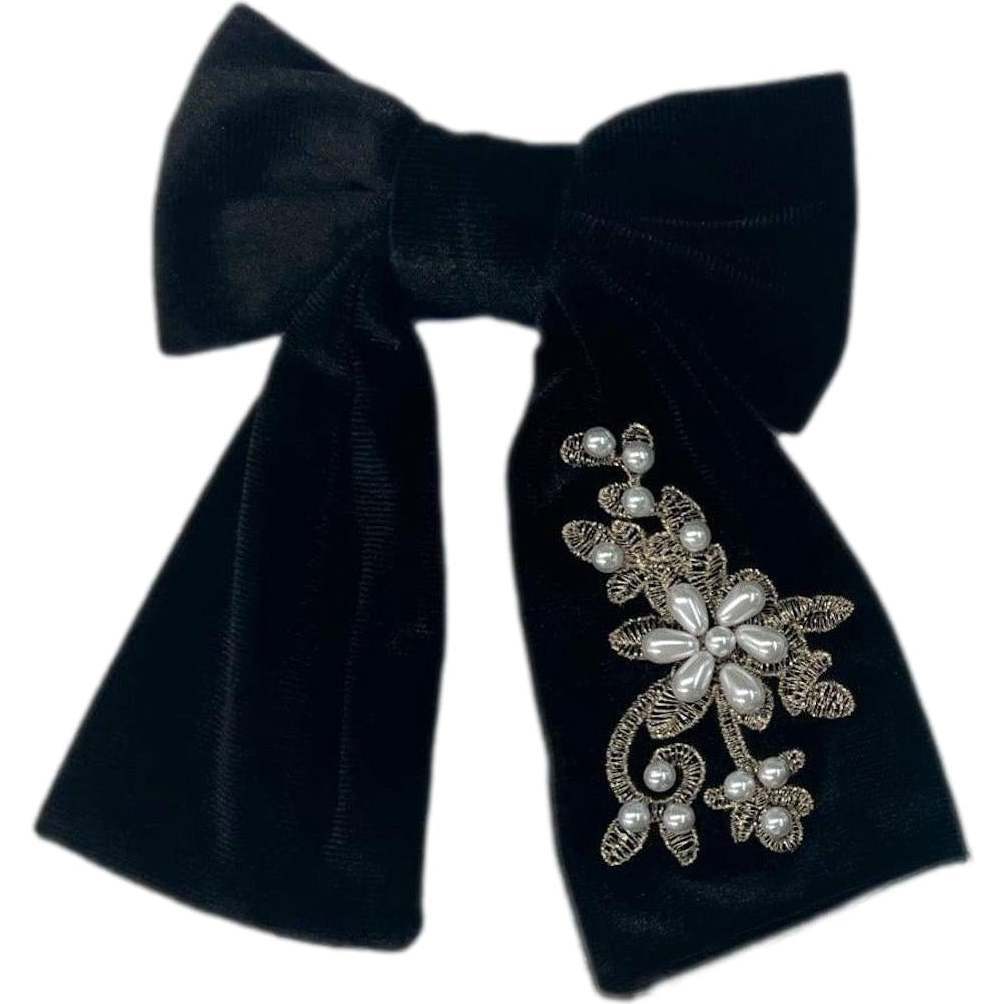 Embroidered Velvet Pearl Hair Bow, Black - Petite Maison Kids Hair