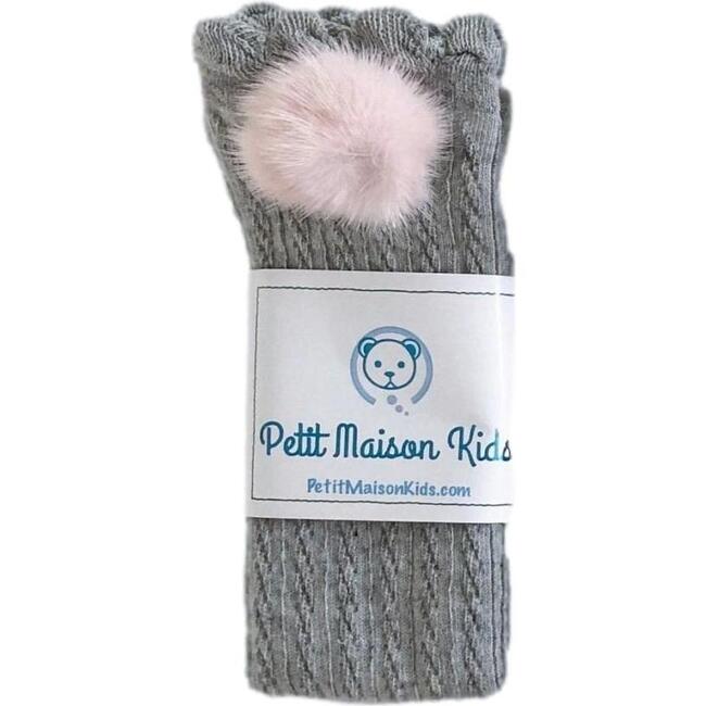 Grey Knee High Socks with Poms, Pink