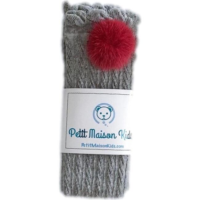 Grey Knee High Socks with Poms, Red