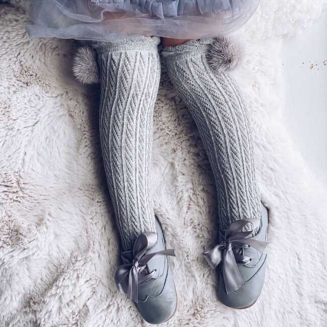 Grey Knee High Socks with Poms, Grey - Socks - 3