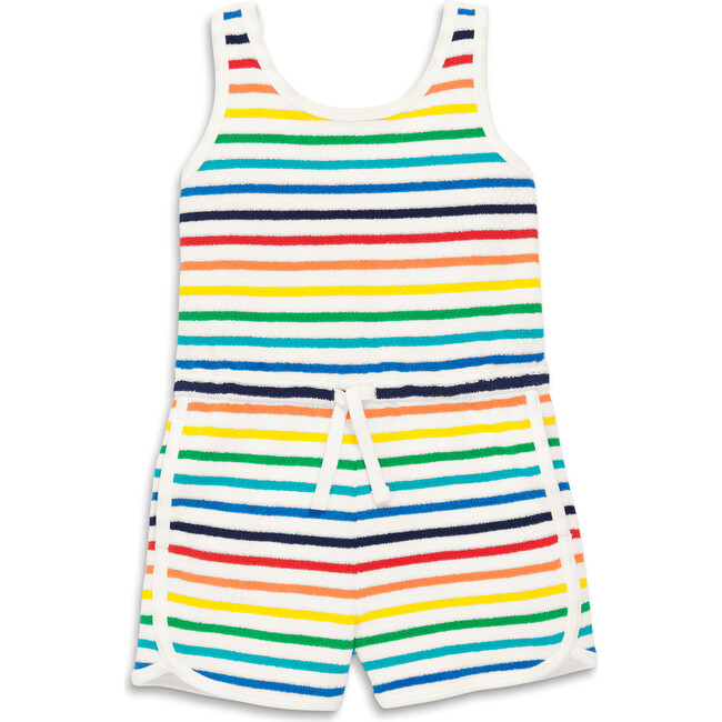 Towel Terry Romper In Rainbow Stripe, Ivory Bright Rainbow Stripe - Rompers - 1