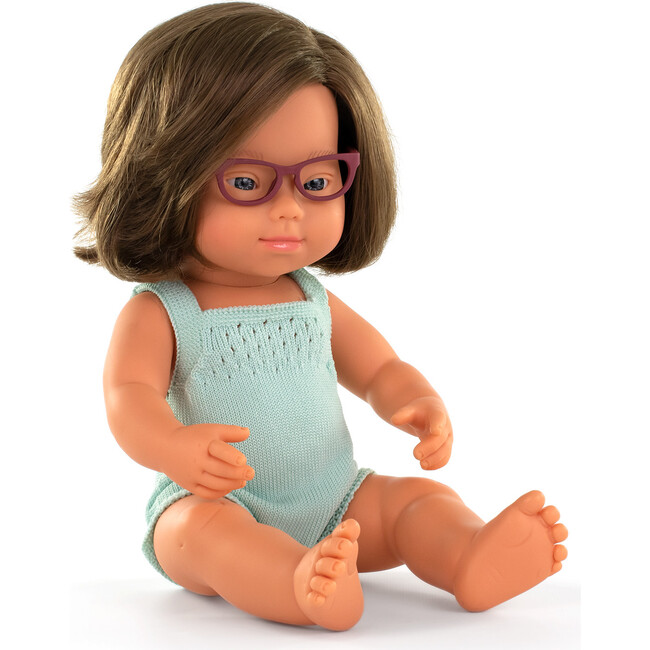 Colourful Edition Collection - Baby Doll Caucasian Girl with Down Syndrome with Glasses 15'' (turquoise rompers)