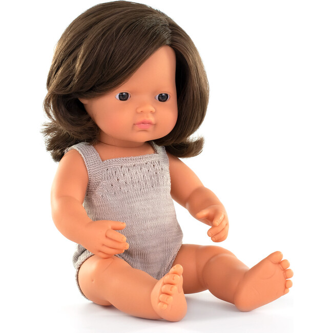 Baby Doll Caucasian Brown Hair Girl 15" (grey romper)