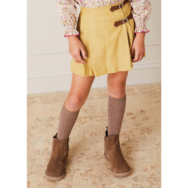 Herringbone Pleated Leather Buckled Kilt, Mustard - Skirts - 3