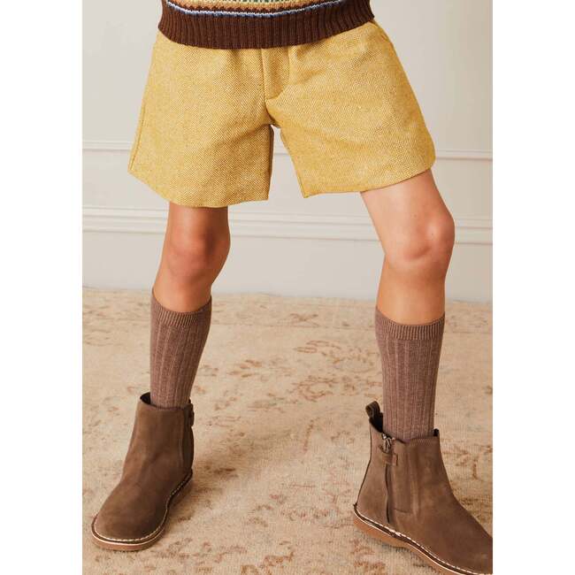 Herringbone Leather Button Shorts, Mustard - Shorts - 3