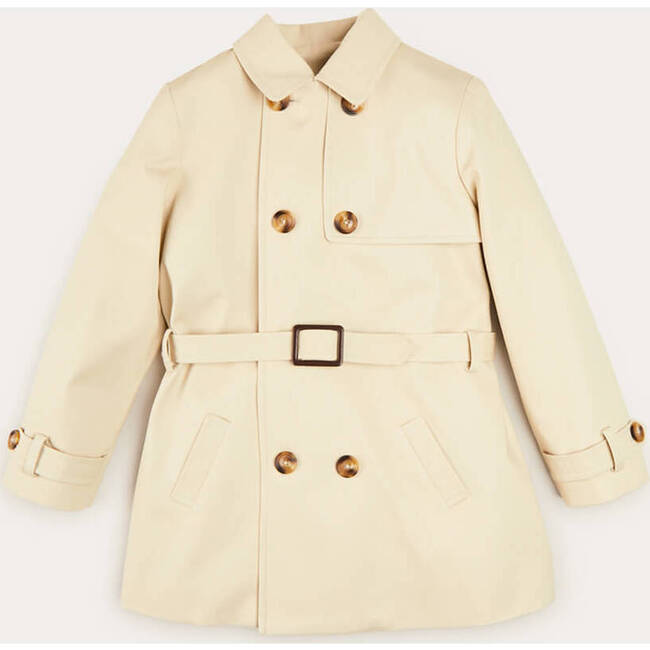 Check Lined Double-Breasted Belted Trench Coat, Beige