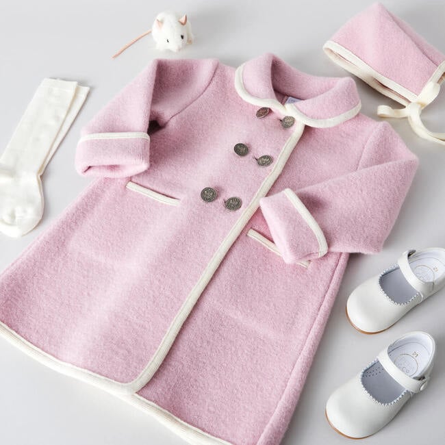 Austrian Double Breasted Contrast Trim Baby Coat, Baby Pink & White - Coats - 2